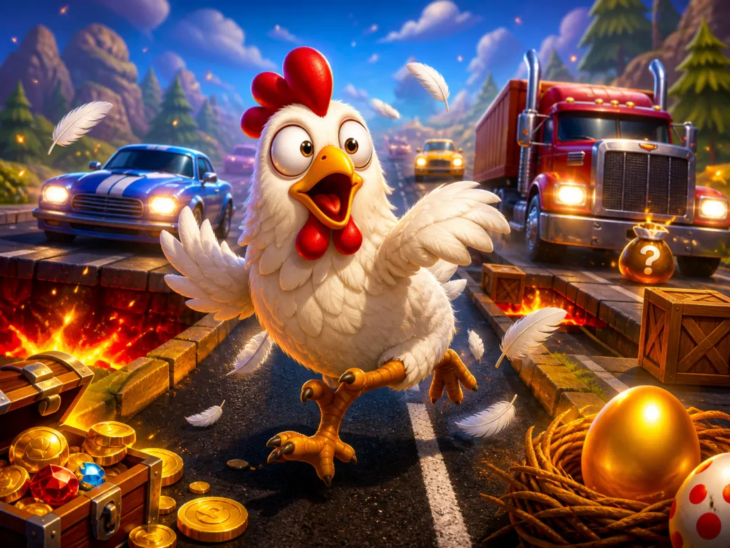 Funny chicken character navigating a busy road with traffic and playful chaos in a slot game theme.