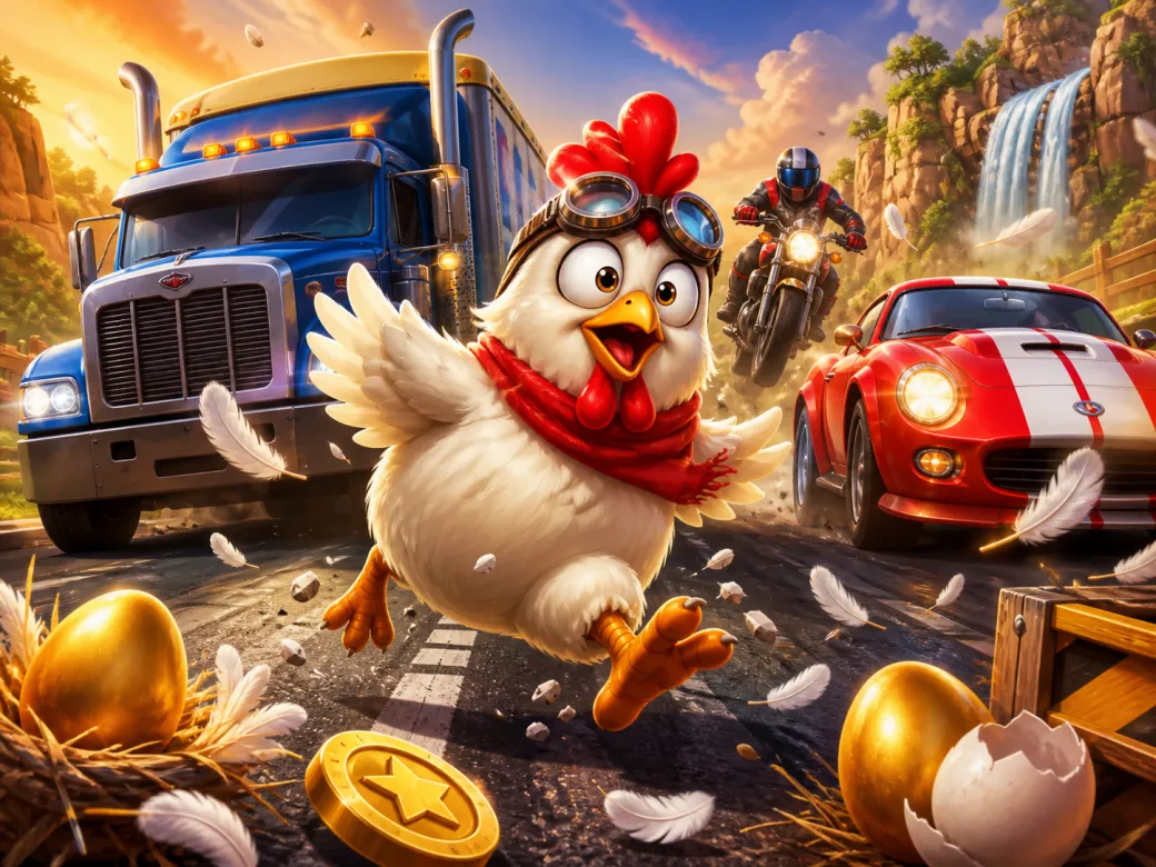 Illustration of Chicken Road slot game with cartoon chicken characters and road symbols in a playful, dynamic setting.