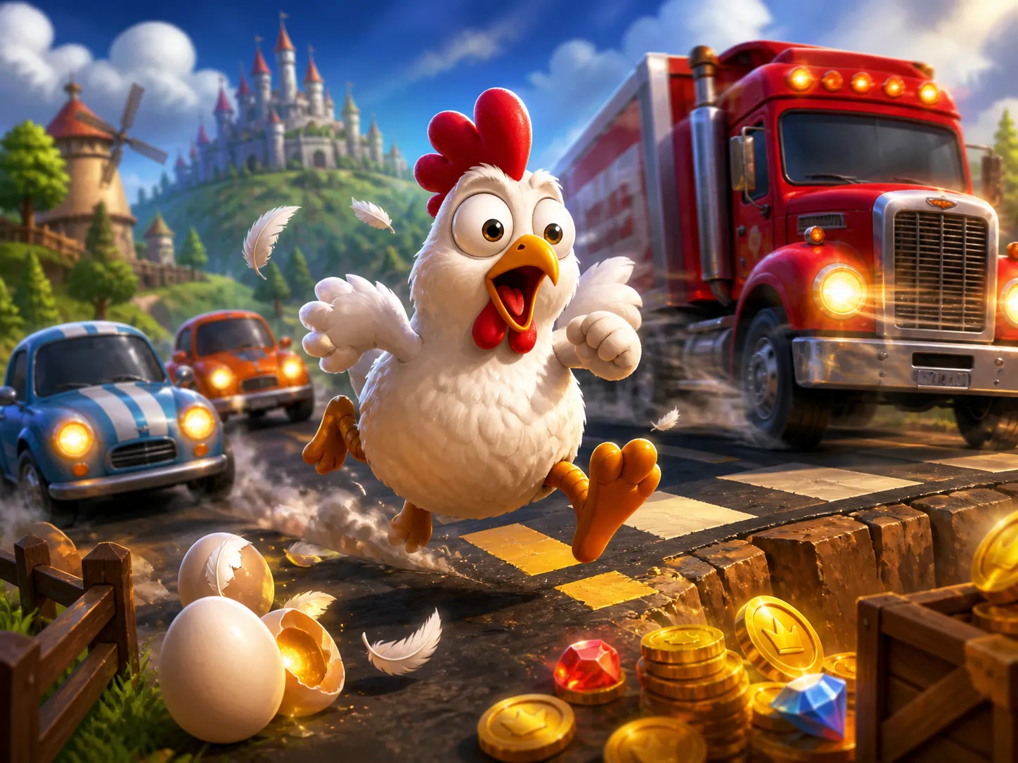 Promotional artwork featuring a whimsical chicken character navigating a road with colorful feathers and traffic lanes in a p