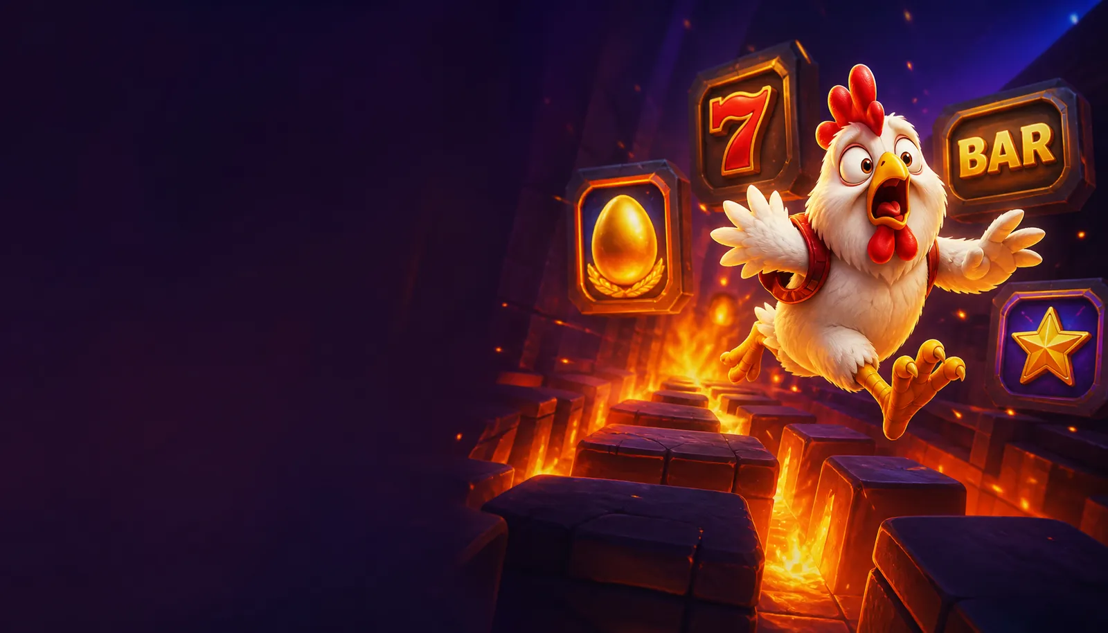 Cinematic hero banner for Chicken Road slot game. Vibrant, slot-themed visuals on the right, smooth thematic background on th