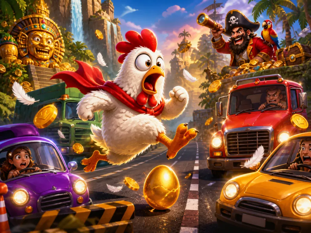 Colorful illustration of Chicken Road slot game featuring animated chickens crossing a busy road with traffic and feathers.
